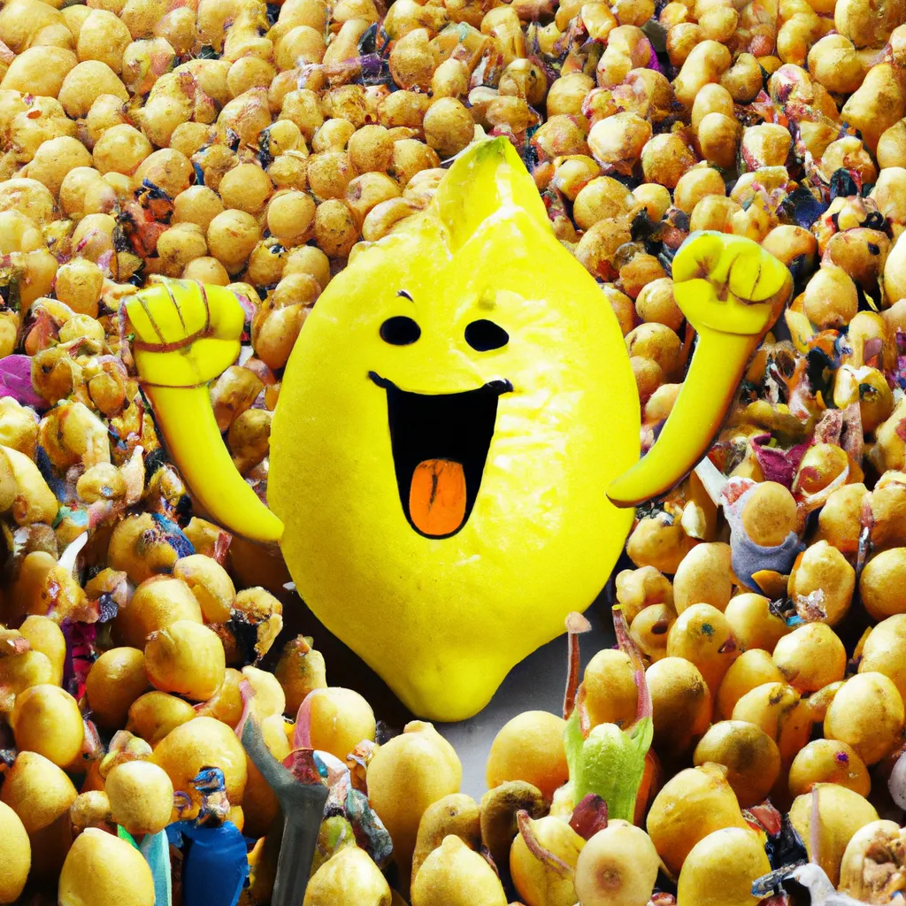 Prompt: 3-D, Photo-Realistic, Laughing Giant Lemon surround by huge crowd of cheering, dancing, lemon admirers
