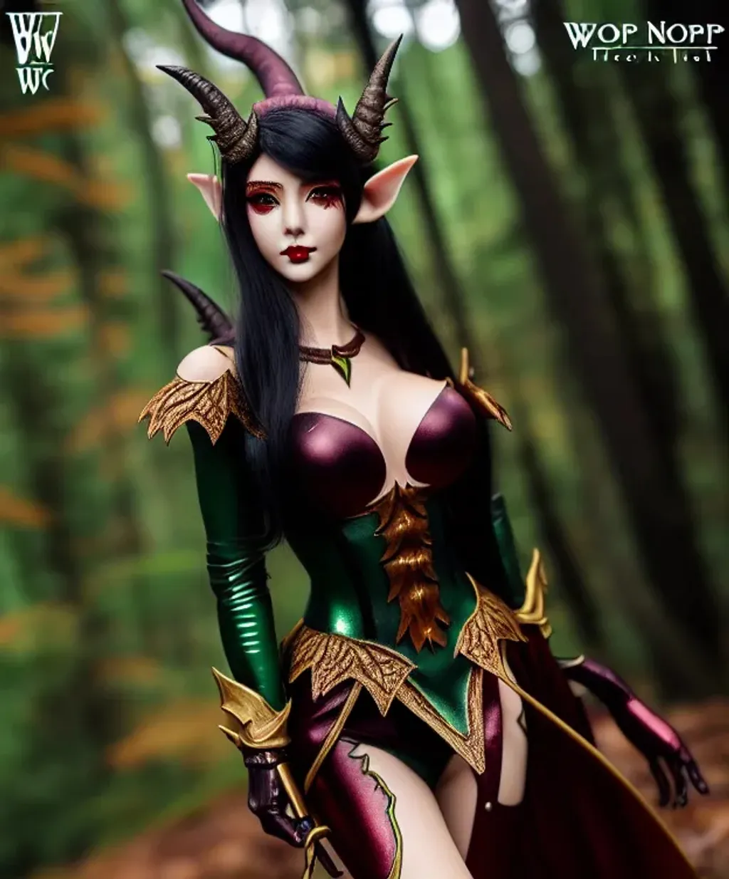 Prompt: autumn Forest elf succubus demon hot defiant dark  green wine and gold outfit armor detailed face painting by WLOP perfect figure  pose