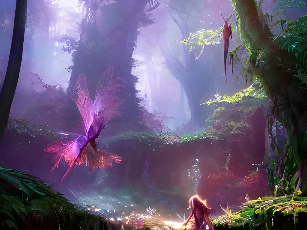 Prompt: beautiful colorful wisps and fairies in a lush crystal forest full of magical auras, fantasy setting, by tony sart, greg rutkowski, epic artwork, concept art, ultra high detailed, intricate linework, 4k -n -i, unreal engine, wlop, trending on artstation, pixiv