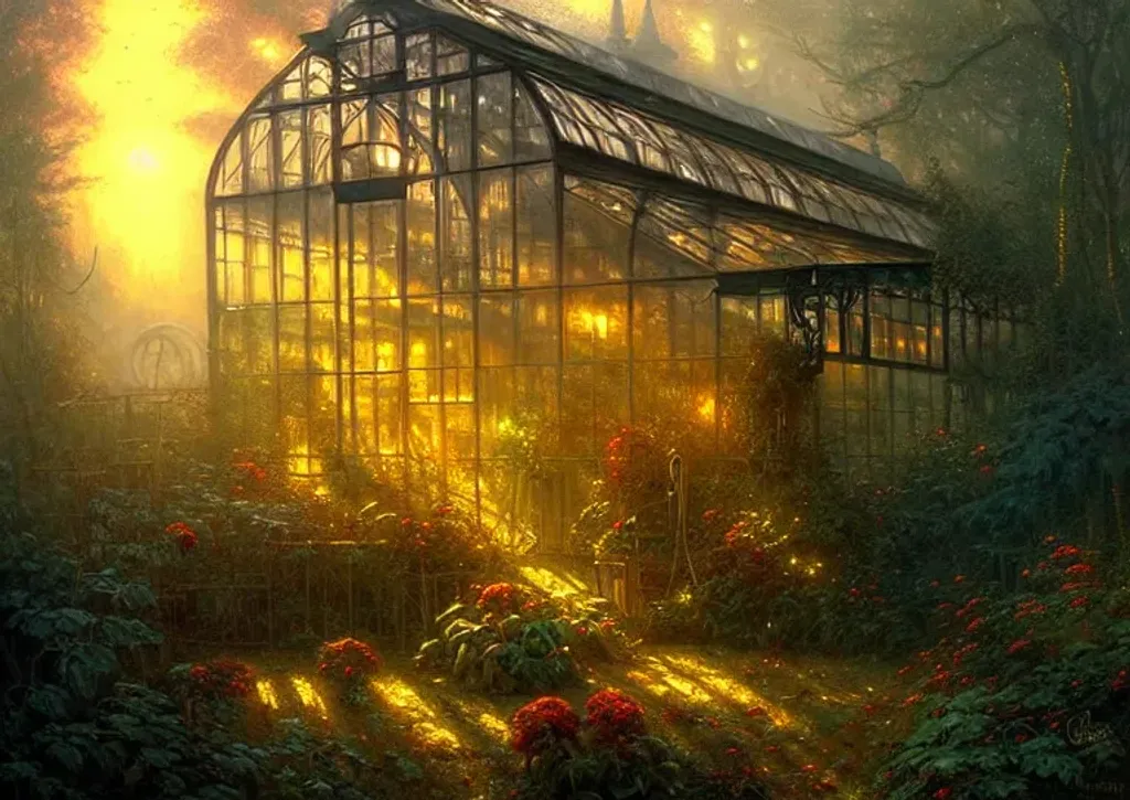 an old greenhouse overgrown with plants, cottagecore... OpenArt