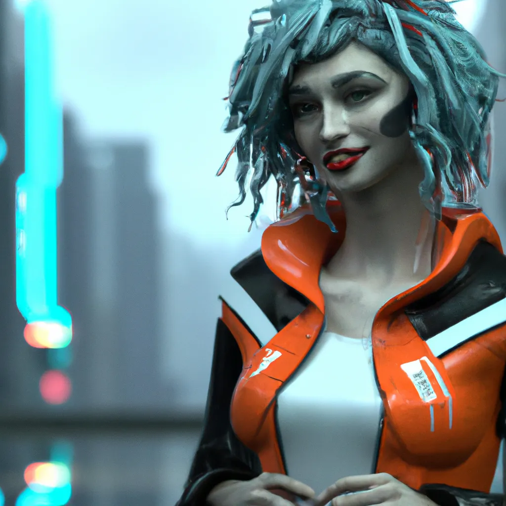 Prompt: Two thirds portrait Maya Cinema4D DazStudio UE5 render, rainy cyberpunk city in background, Pretty Russian 27 year old woman with wavy curly chin length turquoise hair, black lipstick on full lips, Orange white gray colored dieselpunk solarpunk outfit, white solarpunk jacket, Smirking and giving side eye to camera.
