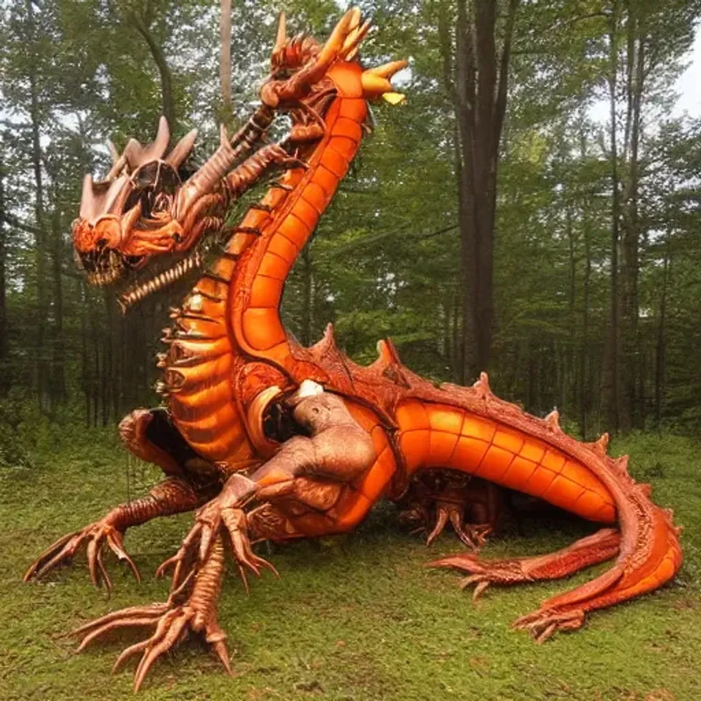 Prompt: 3d, hyper-realistic, real life, old, steampunk, orange mechanical dragon in lush forest
