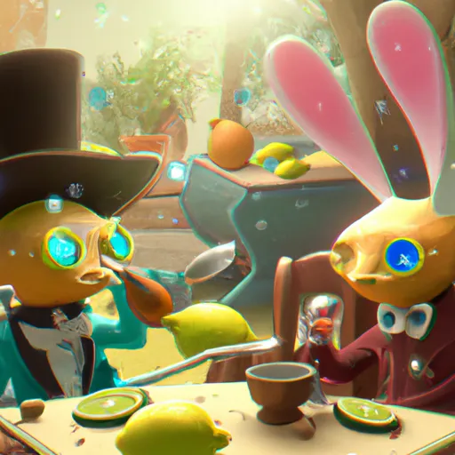 Prompt: An anthropomorphic lemon character in a mad hatter costume and an anthropomorphic lemon character with rabbit ears, Sitting around a table in Lemon Wonderland, All drinking lemonade, Photorealistic, Artstation, 8k