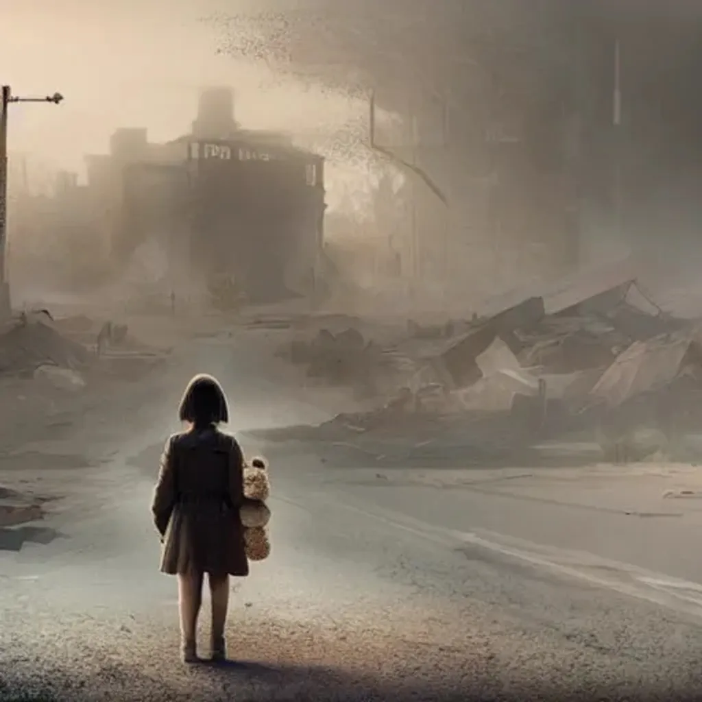 Prompt: a dystopian wasteland with a lonely girl holding a teddy walking down the road leading to a destroyed city, foggy, smoke, concept art, realistic, sand storm, end of the world, sun set, highly detailed