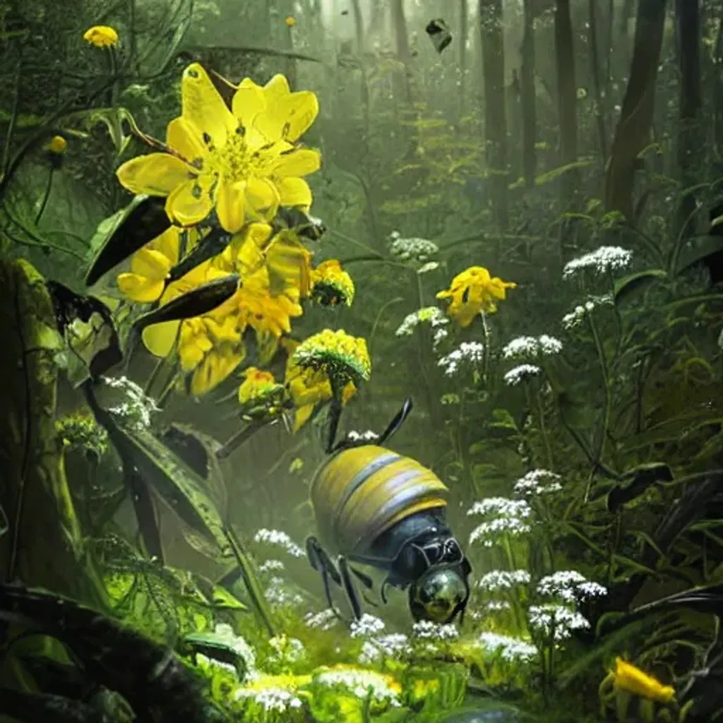 Prompt: Yellow and black bee, in green forest Full of white flowers blue flowers and carnivorous plants, by greg rutkowski and wolp