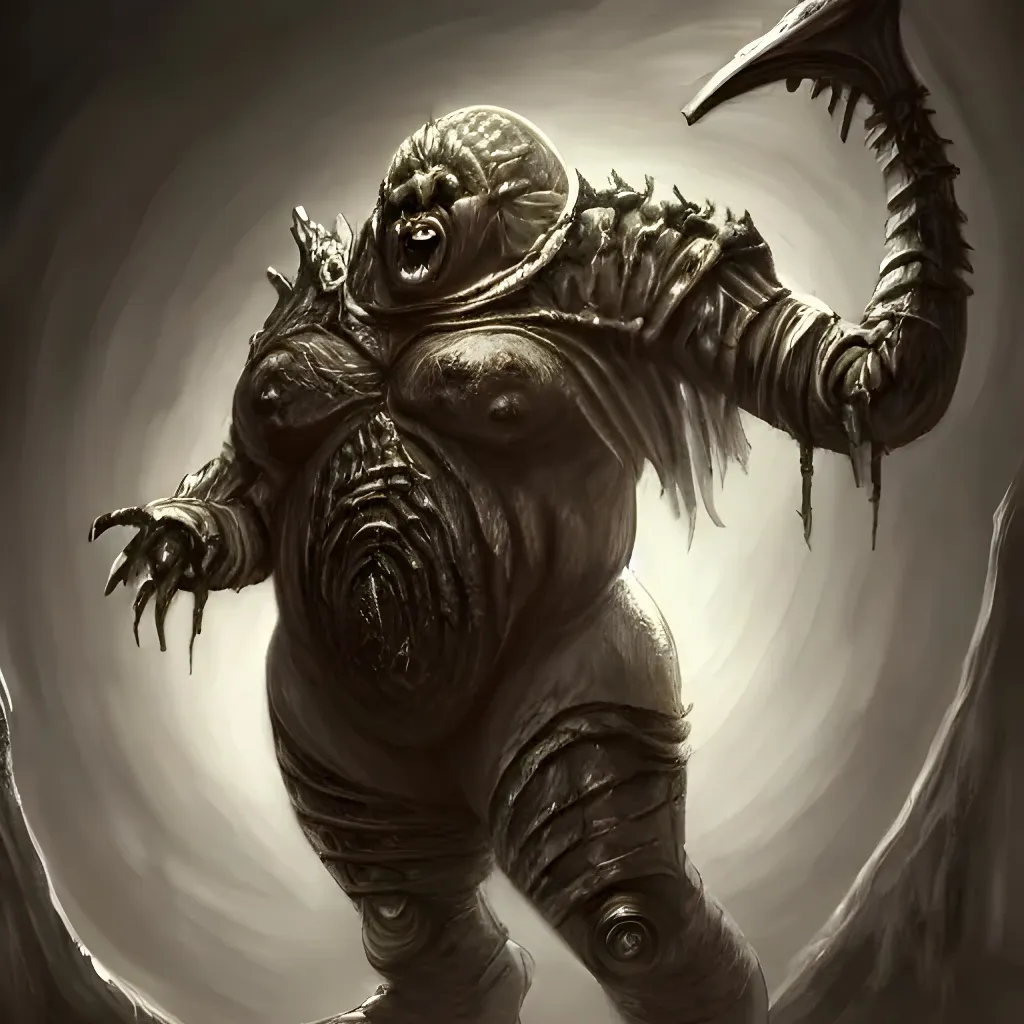 Prompt: fantasy artwork phyrexian warlord fat humanoid male being created by ancient phyrexian machines, hd 4k, selina fenech