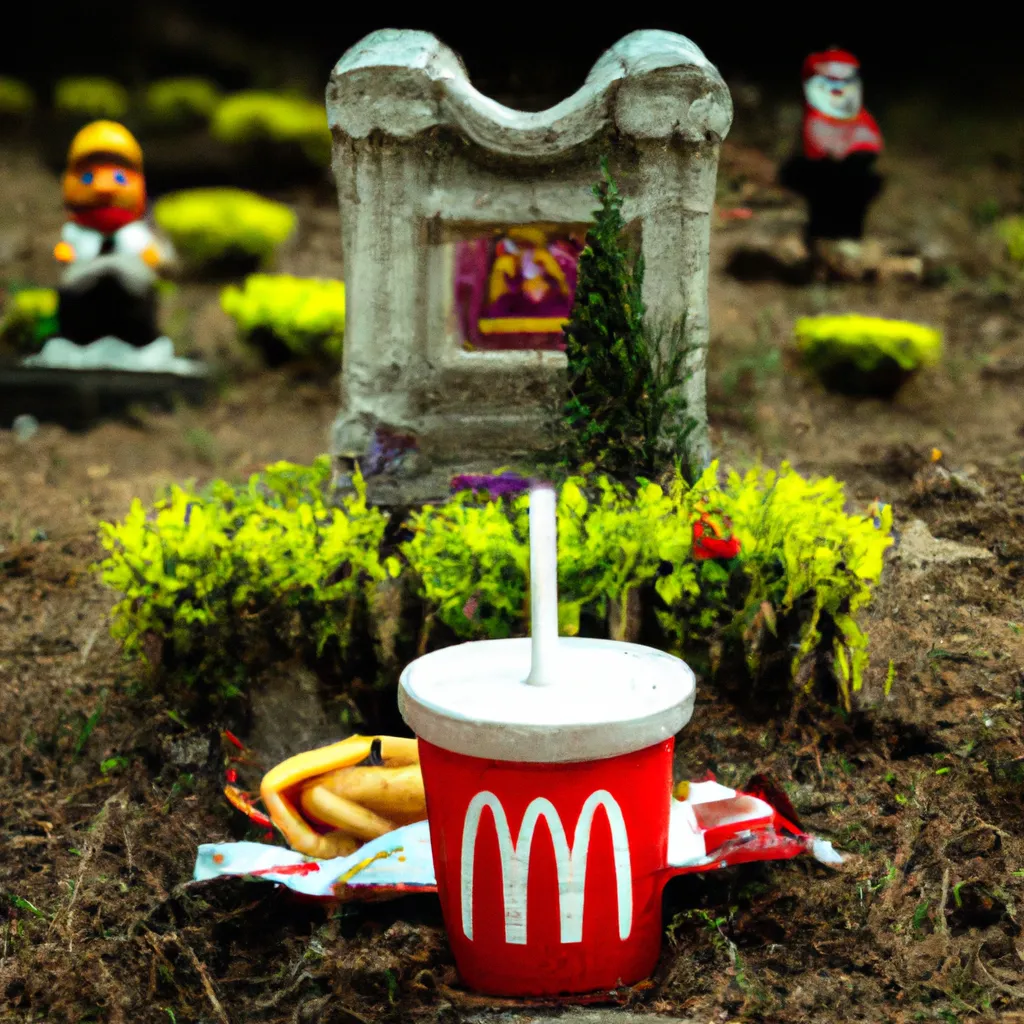 Prompt: McDonald's and coca-cola themed graveyard,  junk food potato fries and plastic cola bottles in graveyard , photography, real-life photography