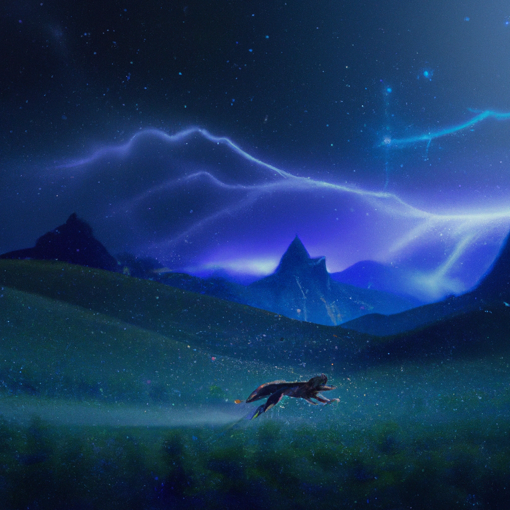 a lightning dog running through a beautiful scenic v... | OpenArt