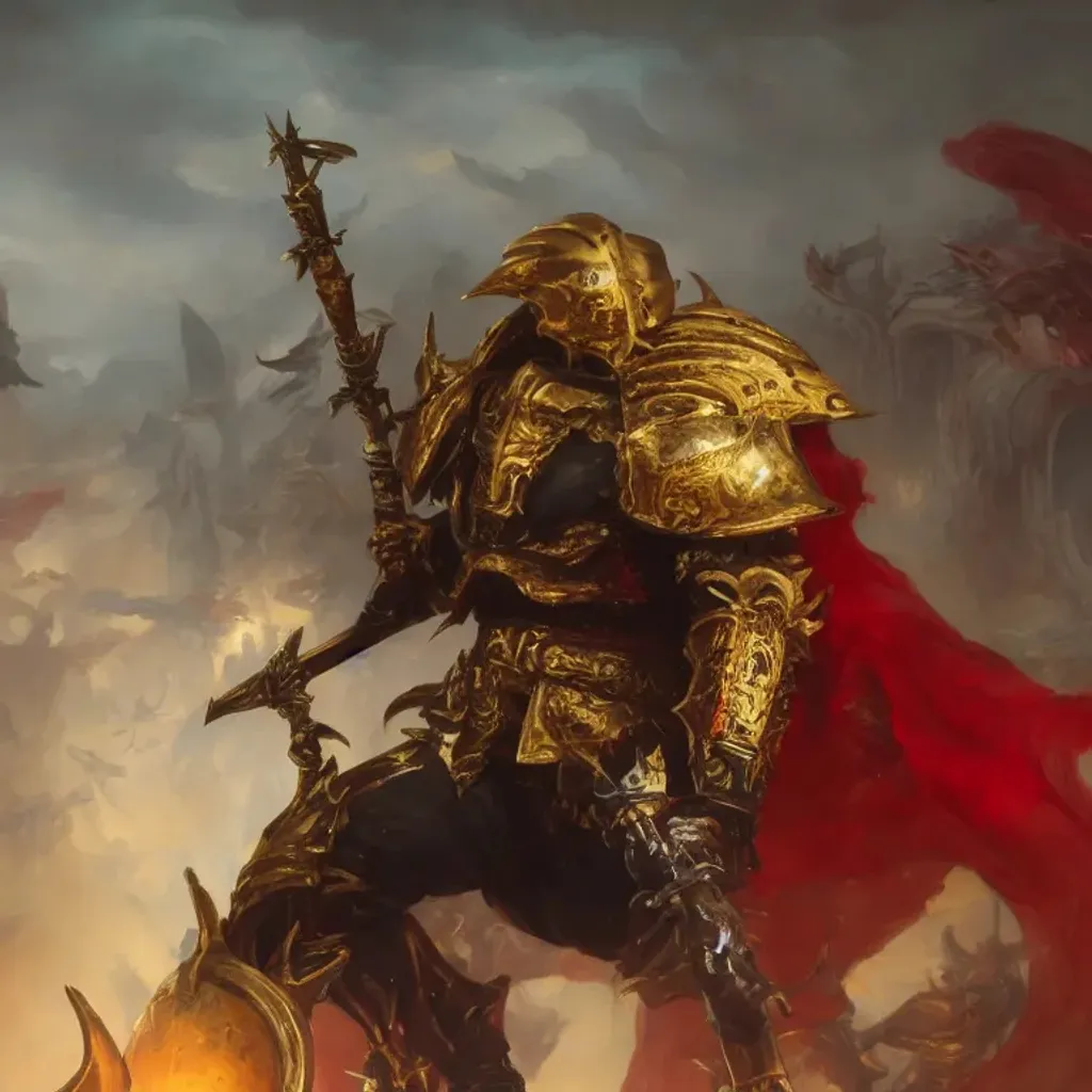 Prompt: full body, attack position painting in lush fantasy environment of a adept custodes , character in red and gold armor holding a legendary engraved chainsword, face in focus, epic, trending on ArtStation, masterpiece, cinematic lighting, by John Blanche