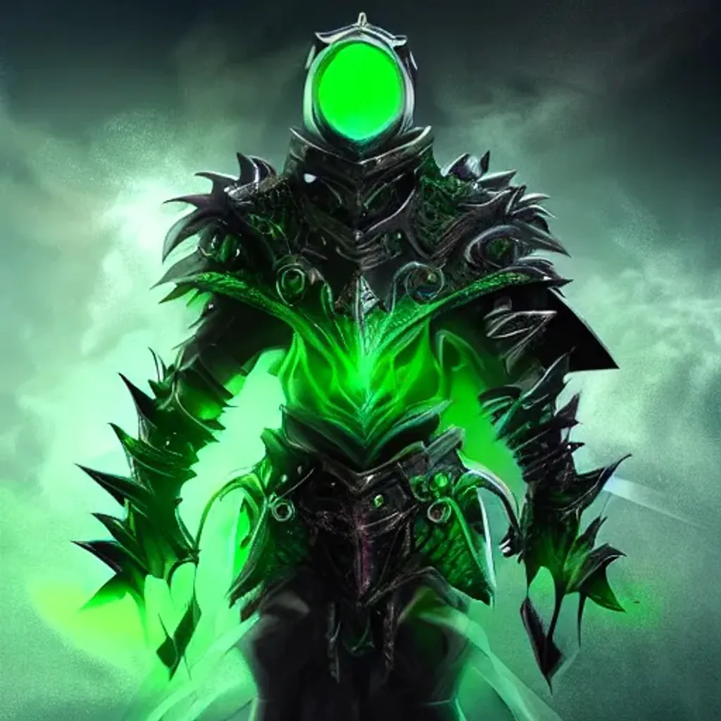 Prompt: knight,  green spiked dragon-armor, glowing green eyes, cloaked, magical background, cinematic, 4k