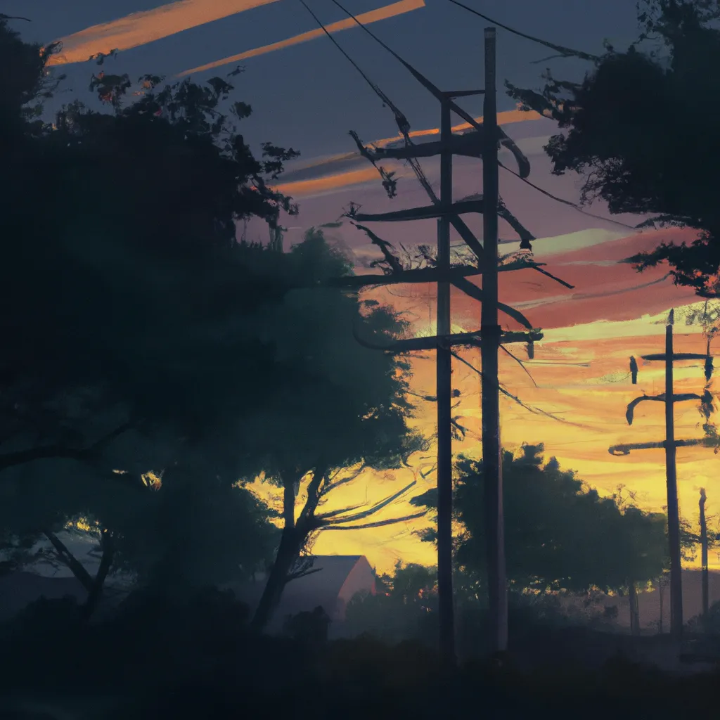 a painting of power lines and trees at sunset, a mat... | OpenArt