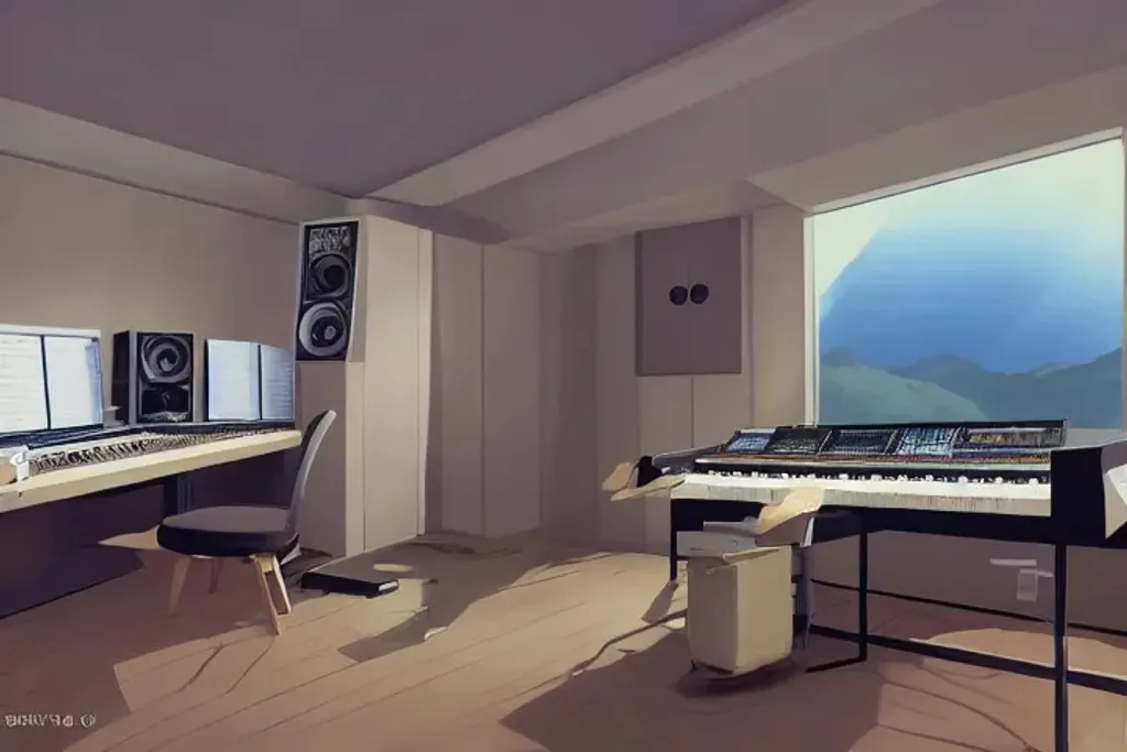 Prompt: interior of a recording studio, dynamic shadows, dynamic lighting, ilya kuvshinov, kyoani, hiroaki samura, yoshinari yoh, james jean, katsuhiro otomo, erik jones, cel shaded, anime poster, realistic photo, 16k, 16:9 aspect ratio, mixer, keyboard, speaker, empty studio