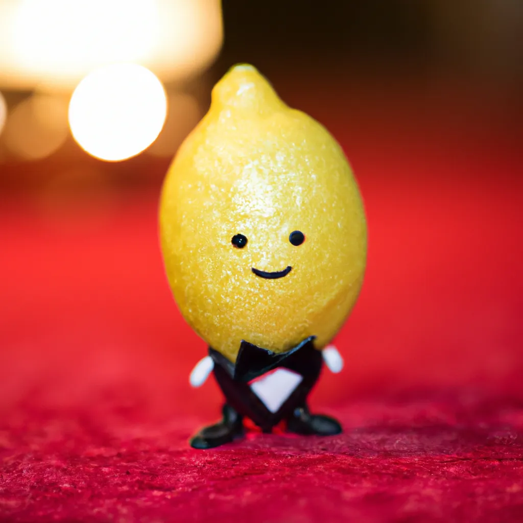 Prompt: person-sized lemon character in a tuxedo and wearing a bowtie, happy, on the red carpet, Hollywood event, soft lighting, shallow depth of focus, by sanrio and Koji Takahashi