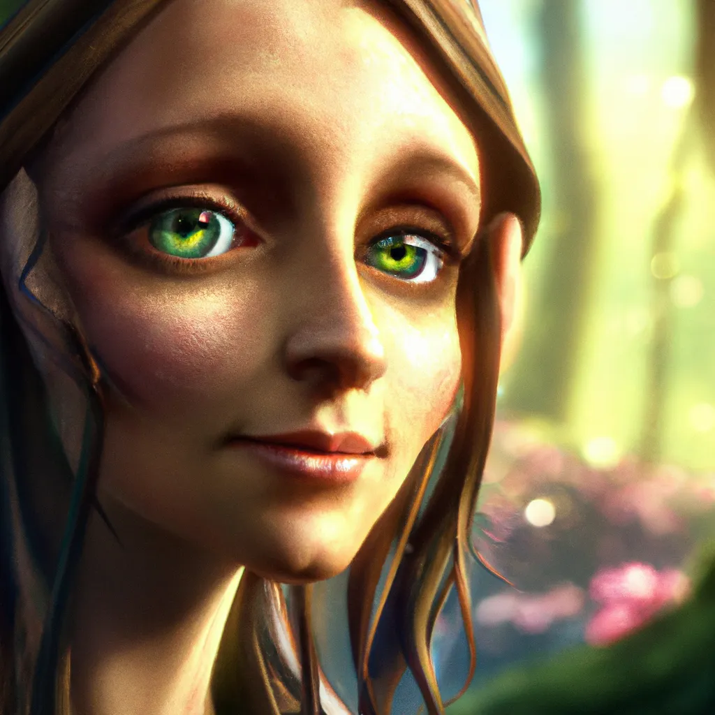 Prompt: Zoomed out portrait of a wood elf with large green eyes and smooth skin, centered, lush forest background, deep colors, perfect composition, hyperrealistic, hyperdetailed, 32k, high quality, trending art, trending on artstation, sharp focus, studio photo, intricate details by greg rutkowski