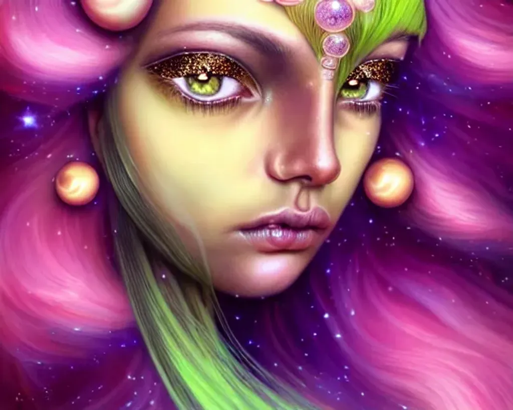 Prompt: Closeup face portrait of an alien goddess with a beautiful sparkly headdress on, she has smooth soft shimmery golden warm skin, rings of Saturn, big golden hazel colored dreamy eyes with wispy eye lashes, with planets inside of them, mystery, goddess vibes, sacred geometry, gorgeous, golden pink pouty lips, beautiful flowing long wavy pastel green colored hair, symmetrical, anime wide eyes, soft glow lighting, detailed face with dangling earrings, and a necklace that looks like an ankh symbol, by makoto shinkai, stanley artgerm lau, wlop, rossdraws, concept art, digital painting, looking into camera