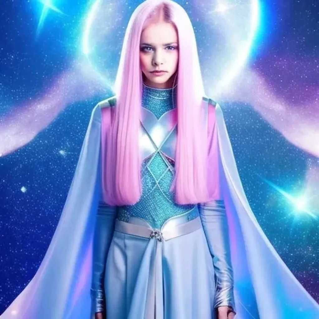 Prompt: cosmic cute and beautiful {russian} child girl from another civilization, dressed in transparent silver clothing and suit on the spaceship, blue eyes with the reflections of light, ultra-realistic soft lighting, {smooth soft skin}, sharp eyes, beautiful intricate {pink and white and soft blue hair}, soft pink lips, symmetrical face, anime wide blue eyes, soft lighting, cute smile, {eyes with reflection}, bright soft light from the behind