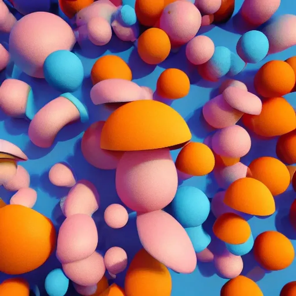 Prompt: Product shot of fungi, with soft vibrant colors, 3d blender render, modular constructivism, blue background, physically based rendering, centered