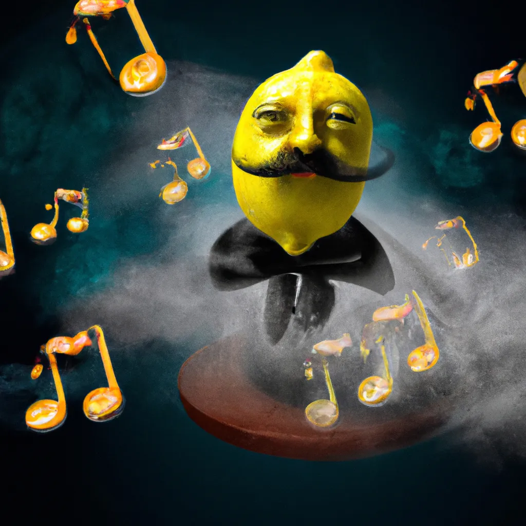 Prompt: a lemon that is an opera singer on stage with its mouth open and music notes floating in the air, steam punk