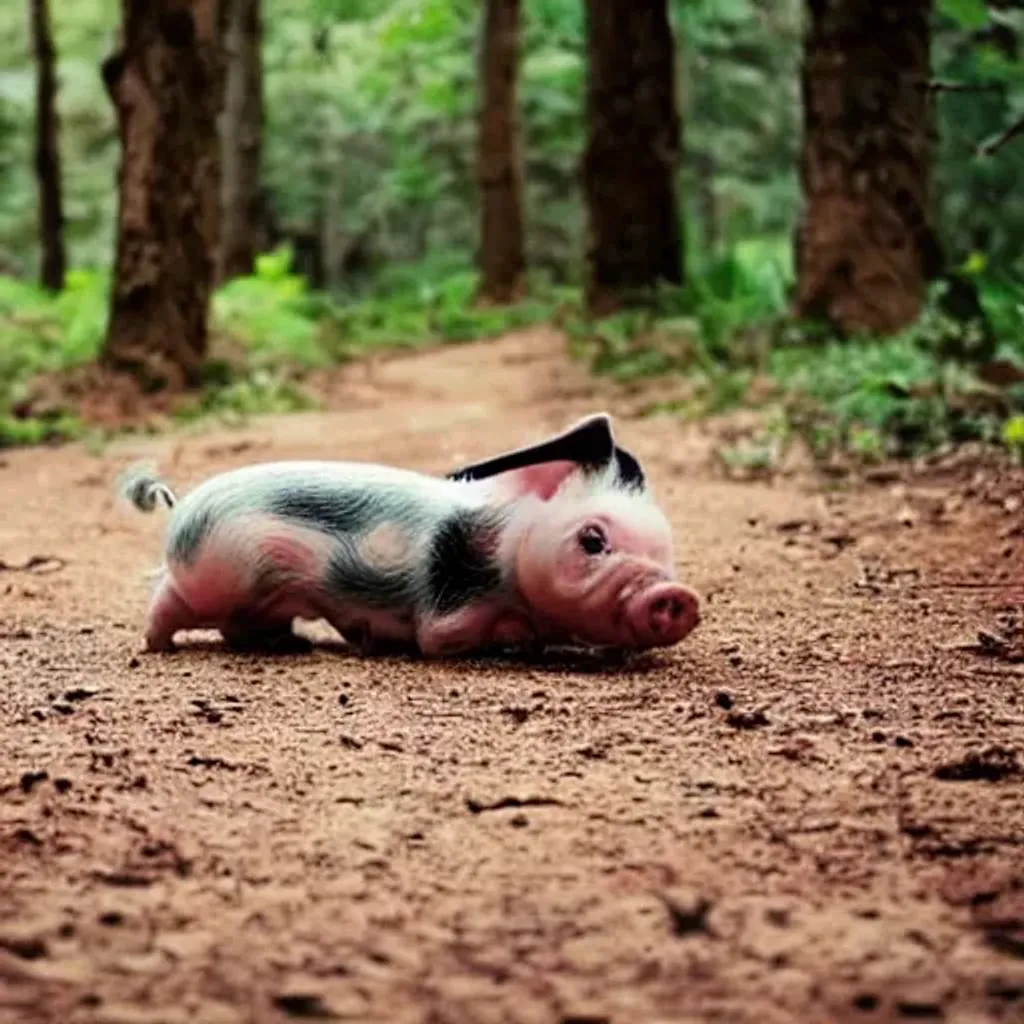 Prompt: a small dog like very cute pig rolling around on top of the ground in a bright forest.