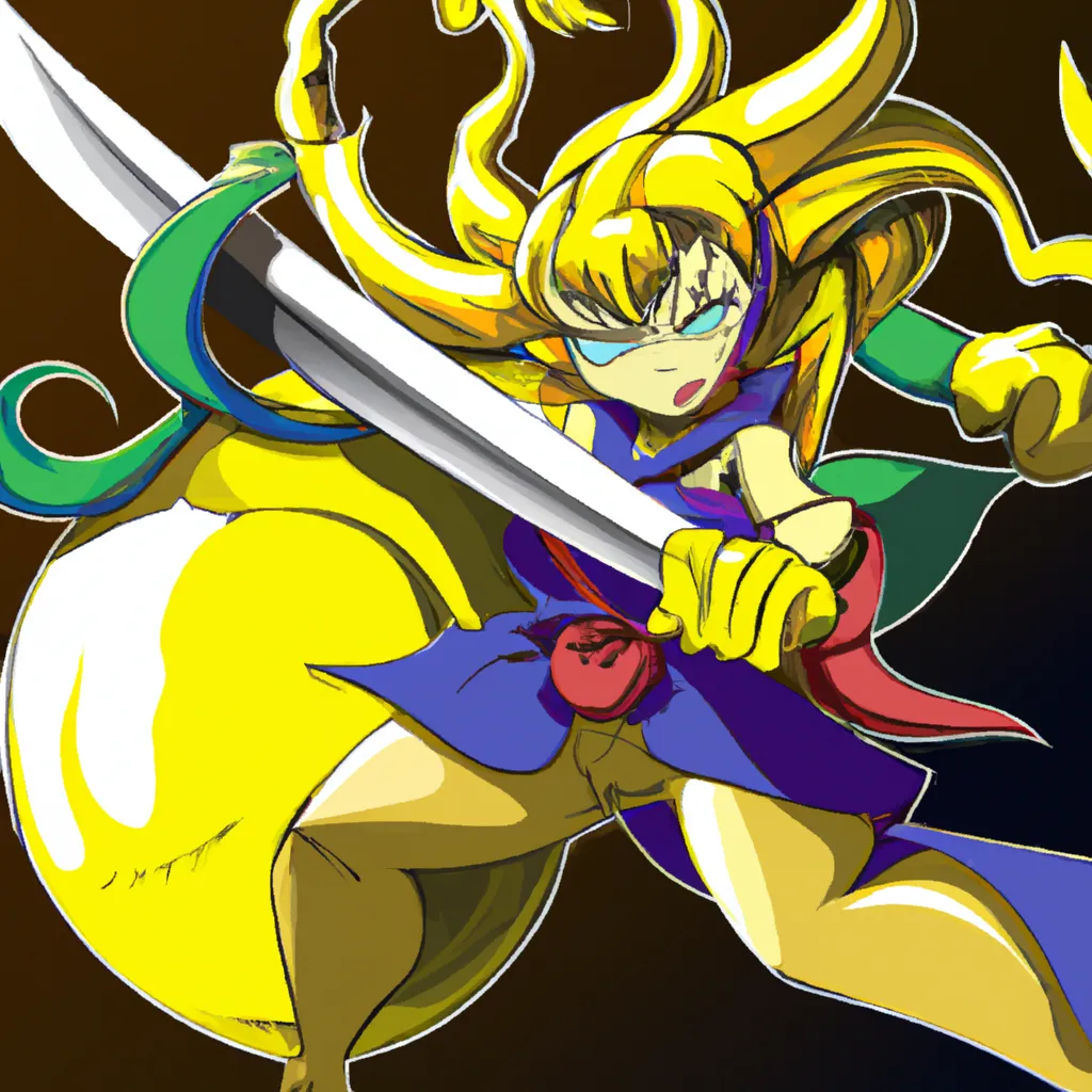 Prompt: Samurai Oni beautiful female Lemon Head with cel shading attacking giant lemon monster.

