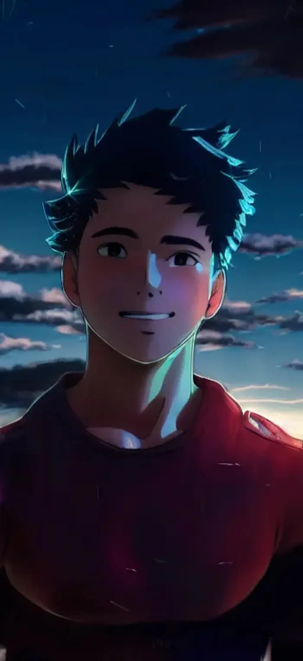 Prompt: Boy smiling, sad sky, melancholic look, made by Studio Ghibli, Accent lighting, front lit, volumetric lighting, light refraction, pixiv, highly detailed art, beautiful scene, sharp focus, smooth, 8k, artgerm, symmetrical, cool boy, muscular,with cool hair,jawline,like baki,baki chracter, symmetrical face , symmetrical eyes ,  symmetrical ears , symmetrical nose , symmetrical mouth