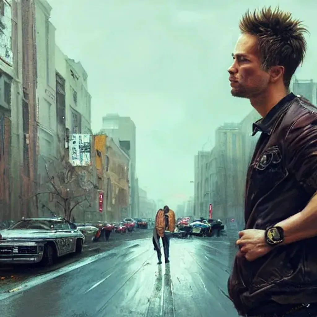 Prompt: Portrait of {Tyler Durden} with {brown} hair and with cute face, {city}, perfect composition, hyperrealistic, super detailed, 8k, high quality, trending art, trending on artstation, sharp focus, studio photo, intricate details, highly detailed, by greg rutkowski