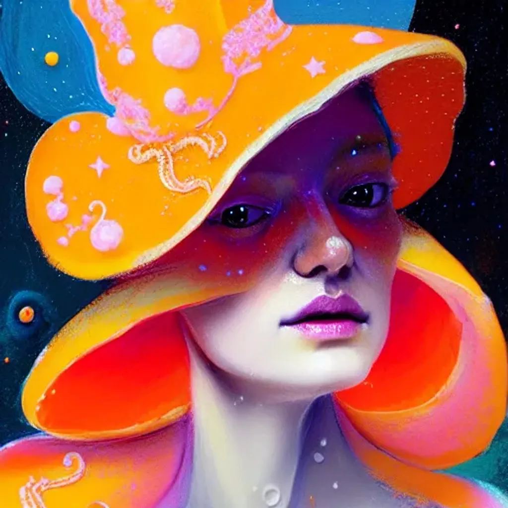 Prompt: Orange Rococo pastel portrait by Ryan Hewett, Beautiful woman wearing a mushroom witch hat, hq, fungi, celestial, moon, galaxy, stars, victo ngai 