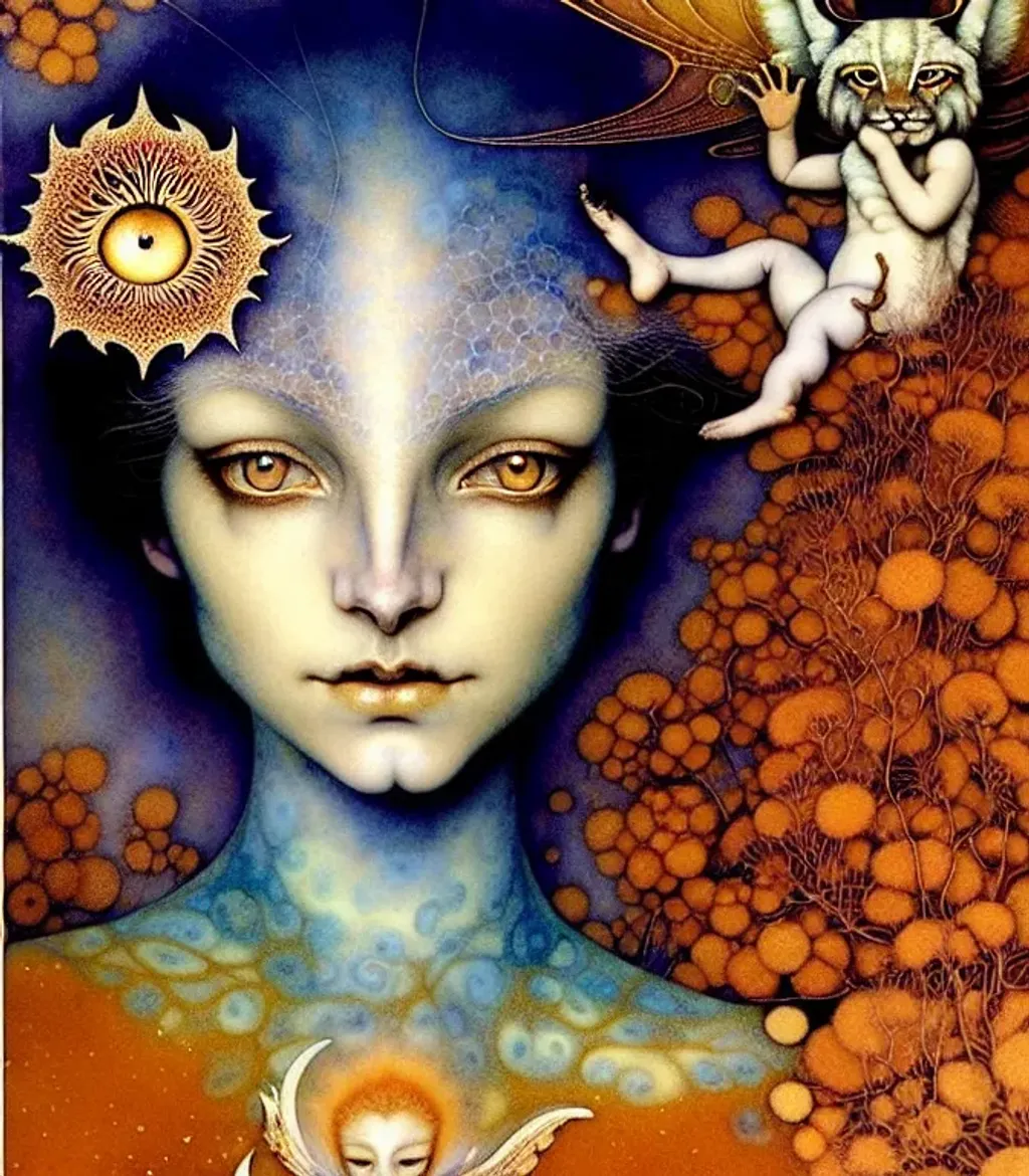 Prompt: (( woman cherub shapeshifter by Daniel Merriam, Merritt Chase, Singer Sargent )) (lynx-Influence) indigo cream burnt-orange, pine gold photorealistic eyes, beautiful face, beautiful hands, impeccable skin details, very healthy, galaxy hair, glowing translucent fractal ((snowflakes)) by ((Ernst Haeckel, John Berkey)) background theme (murmuration of icicles) made of shining translucent silicone, high index of refraction, bioluminescent (fractal spray of droplets) by ((David Hockney, Howard David Johnson)) airbrush, acrylic on paper, smokey sky, fBm clouds, sunlight and shadows,  cinematic, ultra realistic, sense of high spirits, global illumination, volumetric fog,  volumetric lighting, occlusion, Poser 128K UHD fractal, pi, fBm