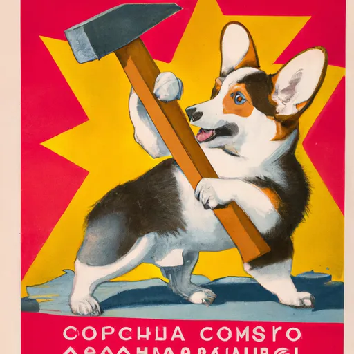 Prompt: Soviet propaganda poster featuring a corgi holding a hammer