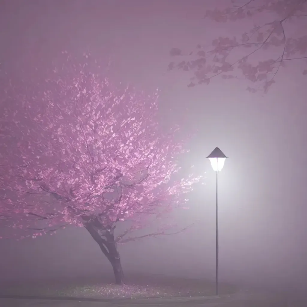 Prompt: low poly cherry blossom tree in the fog at night, with a street lamp, soft colors, liminal space