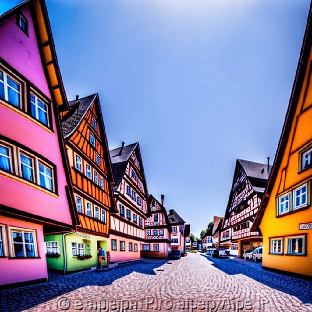 Prompt: A German town, broad light, Kodachrome, photograph, highly detailed, daytime, German timber frame houses, wide angle lens, vivid colors, pastel, picturesque, Bavarian cyberpunk