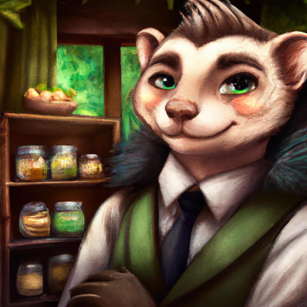 Prompt: male dressed as furries, ferret fursona bust portrait shopkeeper with shelves, smiling with wares, ascot tie and vest, trending on artstation, ilse gort, caraid, Vekke, blackteagan,  green forest maple tree background, character design, anthropomorphic, dramatic lighting, 8k, portrait, realistic, fine details, photorealism, cinematic, intricate details, fine brush, cinematic lighting, no blur, photo realistic 8k