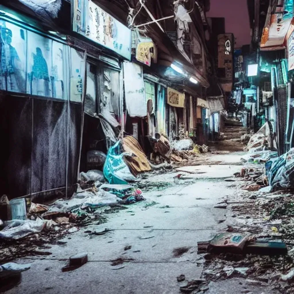 Prompt: abandoned korean street at night, creepy people standing, garbage on ground