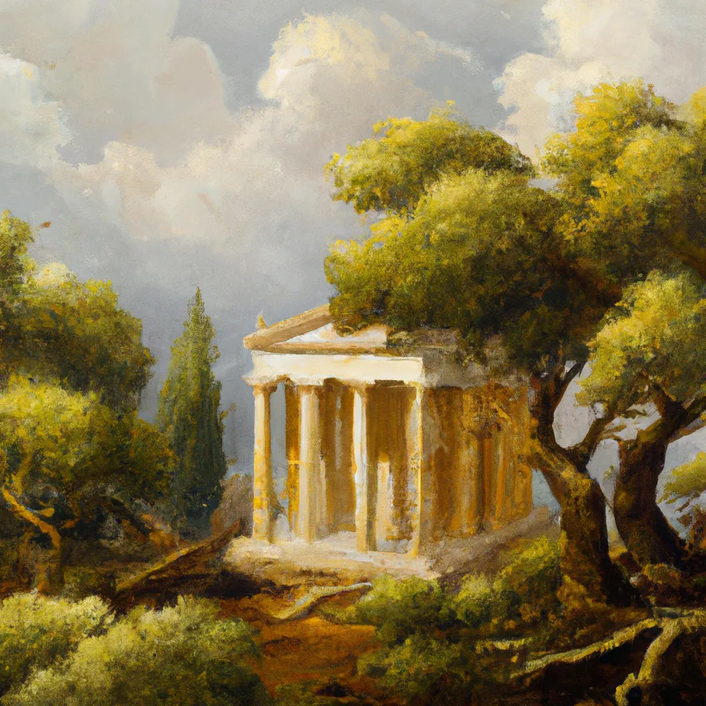 Prompt: A Beautiful painting ornate Ancient Greek temple. Beautiful Olive Trees Throughout. highly detailed, painted by Ivan Aivazovsky