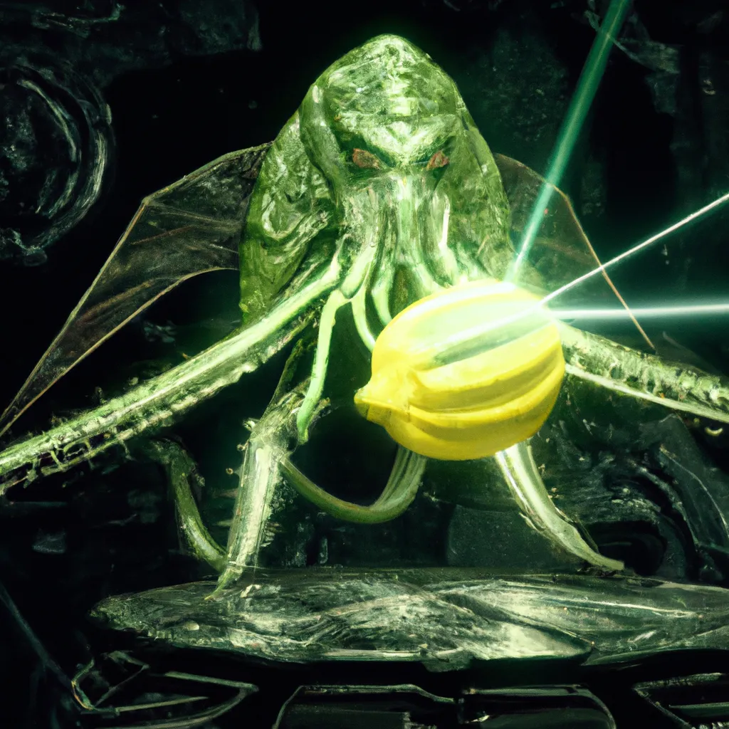 Prompt: A spectacular 3D render of a humanoid Cthulhu, Fabergé, radioactive lemon, that shots a futuristic laser, at an hostile alien army. Dramatical rays of light, skeumorphism, ultra high quality, unreal engine, super realism, shot on Nikon 80 mm, H.R. Giger, John Atkinson Grimshaw, M.C. Esher, Artstation.

