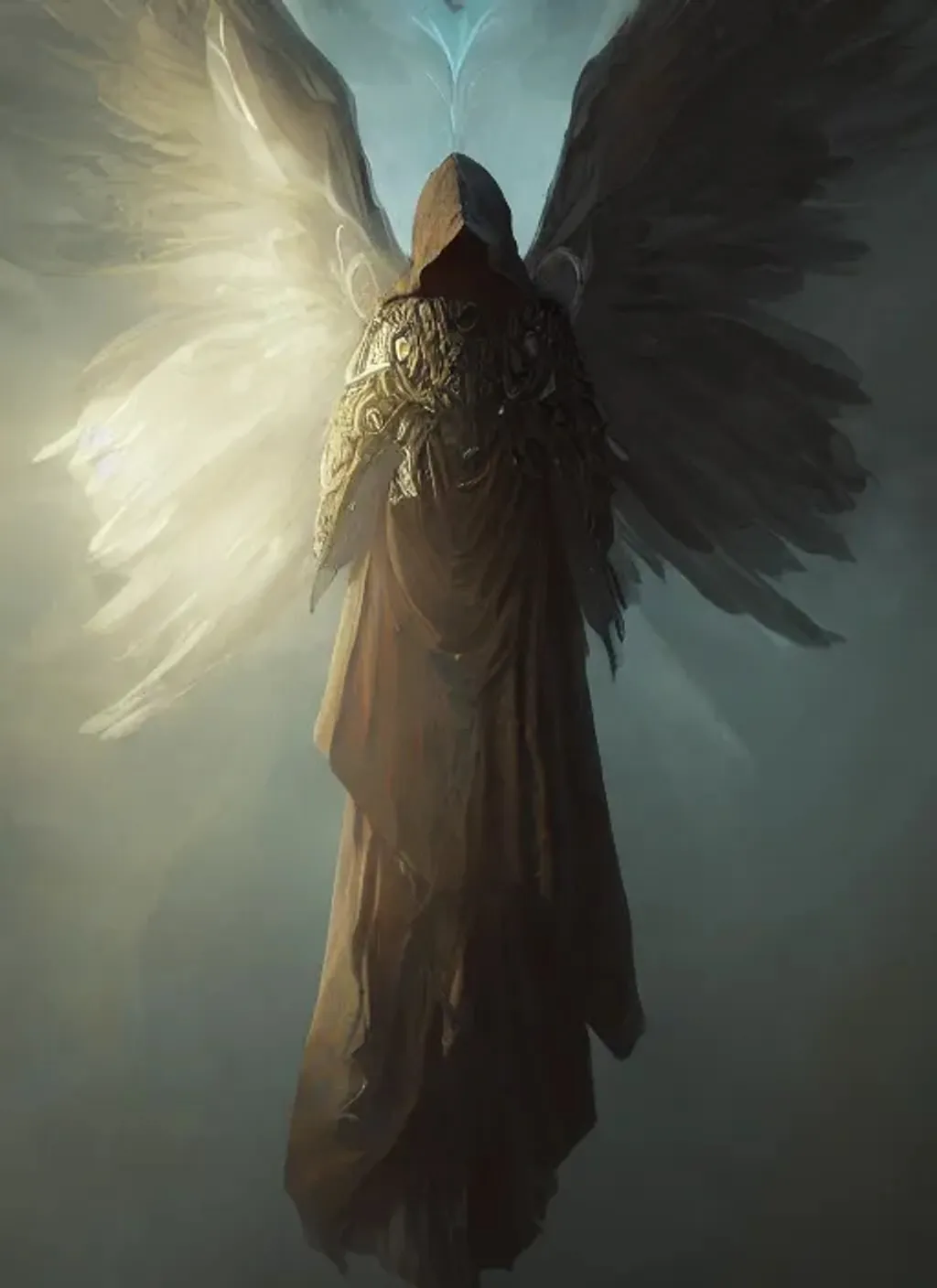 Prompt: Portrait a Seraphim wearing a hood, standing, huge glowing wings, facing camera, chaos, perfect composition, hyperrealistic, super detailed, 8k, high quality, trending art, trending on artstation, sharp focus, studio photo, intricate details, highly detailed, by greg rutkowski