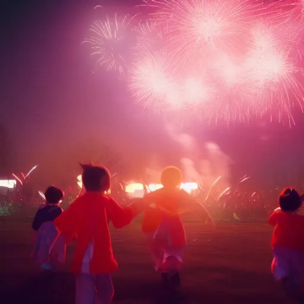 Prompt: A group of children playing at the Spring Festival rally, fireworks in the distance, very joyful, Chinese style, Spring Festival, fine, high picture quality, by Makoto Shinkai