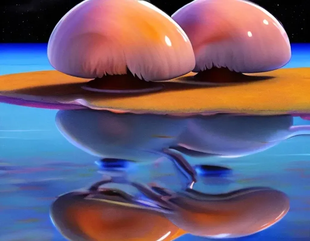 Prompt: Oil painting of a cosy vintage tiny cute fungi pair, dinner table, sitting, next to ocean on an icy planet, octane render by weta digital, exotic colorful pastel, ray traced lighting and reflections by Yoji shinkawa
  
  