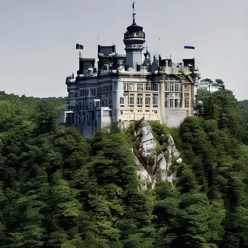 Prompt: clear sky castle, woods,  into the forest, cinematic, majestic fit for kings and queens, similar to Buckingham palace