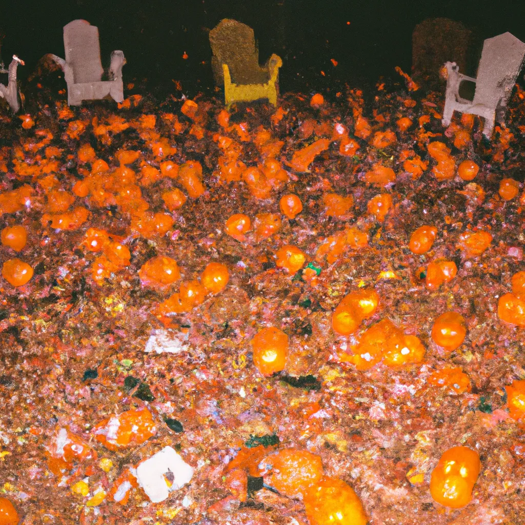 Prompt: 1993 disposable camera photograph of hundreds of jack-o-lanterns littering a American home 