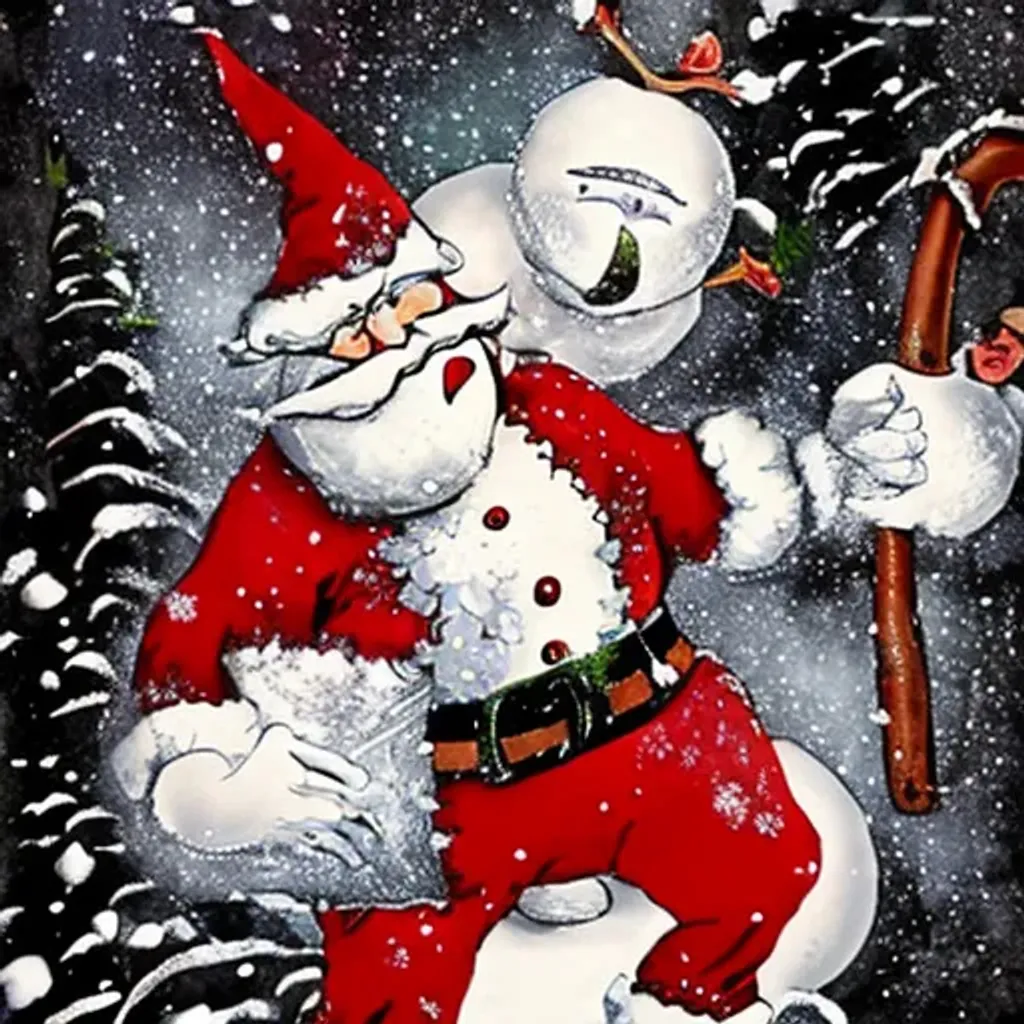 Prompt: Enraged Santa Clause Moving down Snowmen with Sardonic Wrath. Unhinged. Eerie, unsettling. Fantasy. by Cubo Sumo.