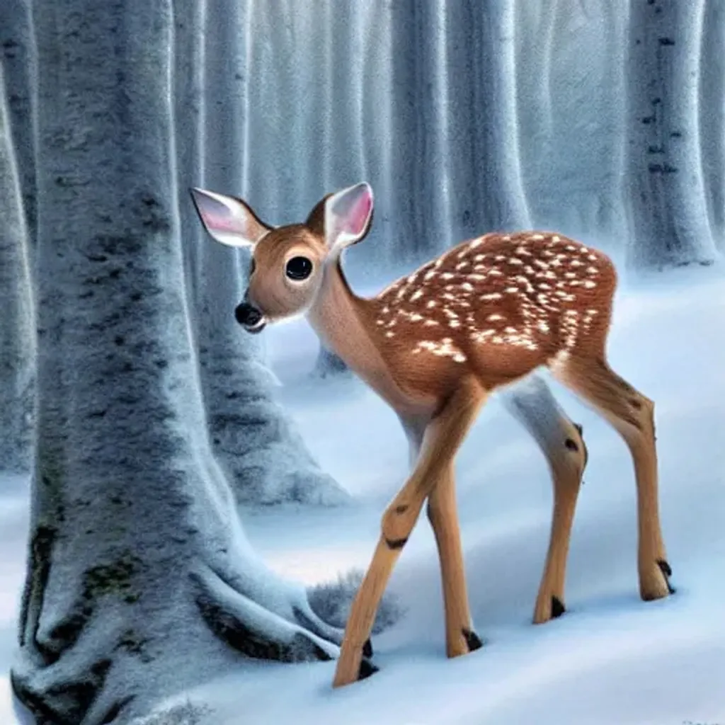 Prompt: digital art painting, painting by George Stubbs of a baby deer in a pine forest in the winter, cold snow wind ice, baby deer, cgi, rendered in maya 