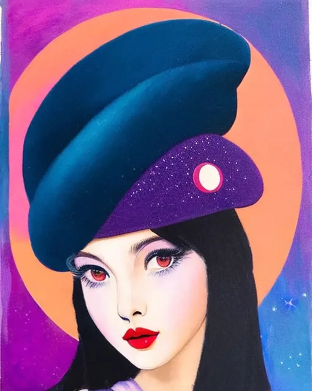 Prompt: young girl with a beret, cute detailed face. Night, moon, stars background. by Gengembre Anderson, Ilya Kuvshinov. Masterpiece, vivid colors, pastel colors
