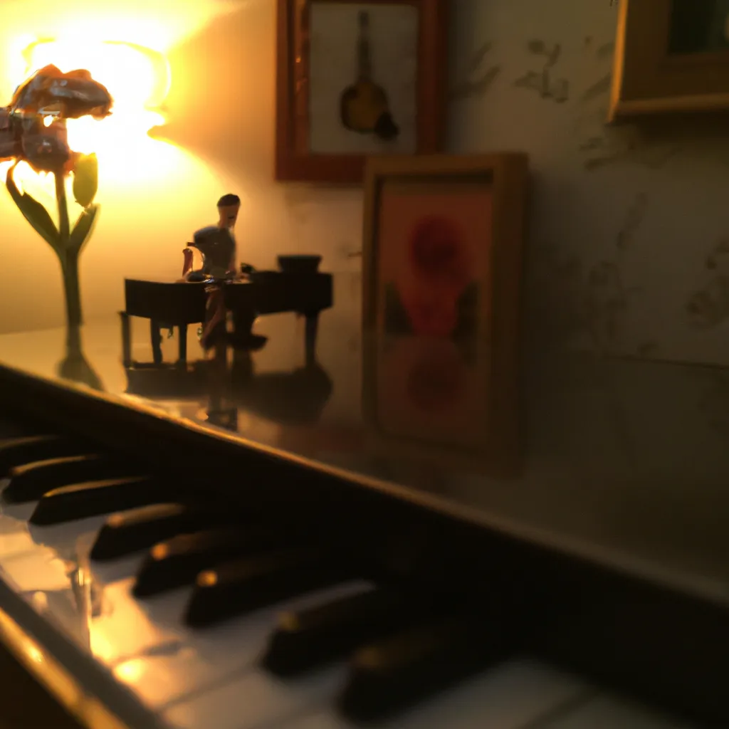 Prompt: Bee pollinating a beautiful flower scene | through the lens | man playing a piano  | living room | pulp fiction diorama | dimly lit interior | Mark Ryden 