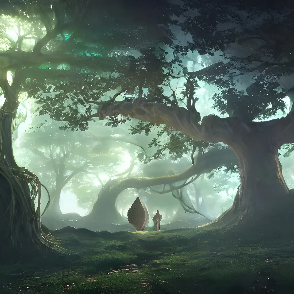 Prompt: a beautiful otherworldly fantasy landscape of a mysterious merchant behind an elm tree in a forest, magical artefacts for sale, gems on trees, wide angle, extreme detail, cinematic lighting, cryengine, deep colors, vray render, cgsociety, artstation, bioluminscent