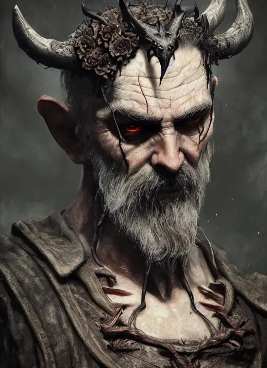 Prompt: Front of old Olgierd von Everec with devil horns and batwings, grey hair and with scarred face, dark woods, perfect composition, hyperrealistic, super detailed, 8k, high quality, trending art, trending on artstation, sharp focus, studio photo, intricate details, highly detailed, by greg rutkowski