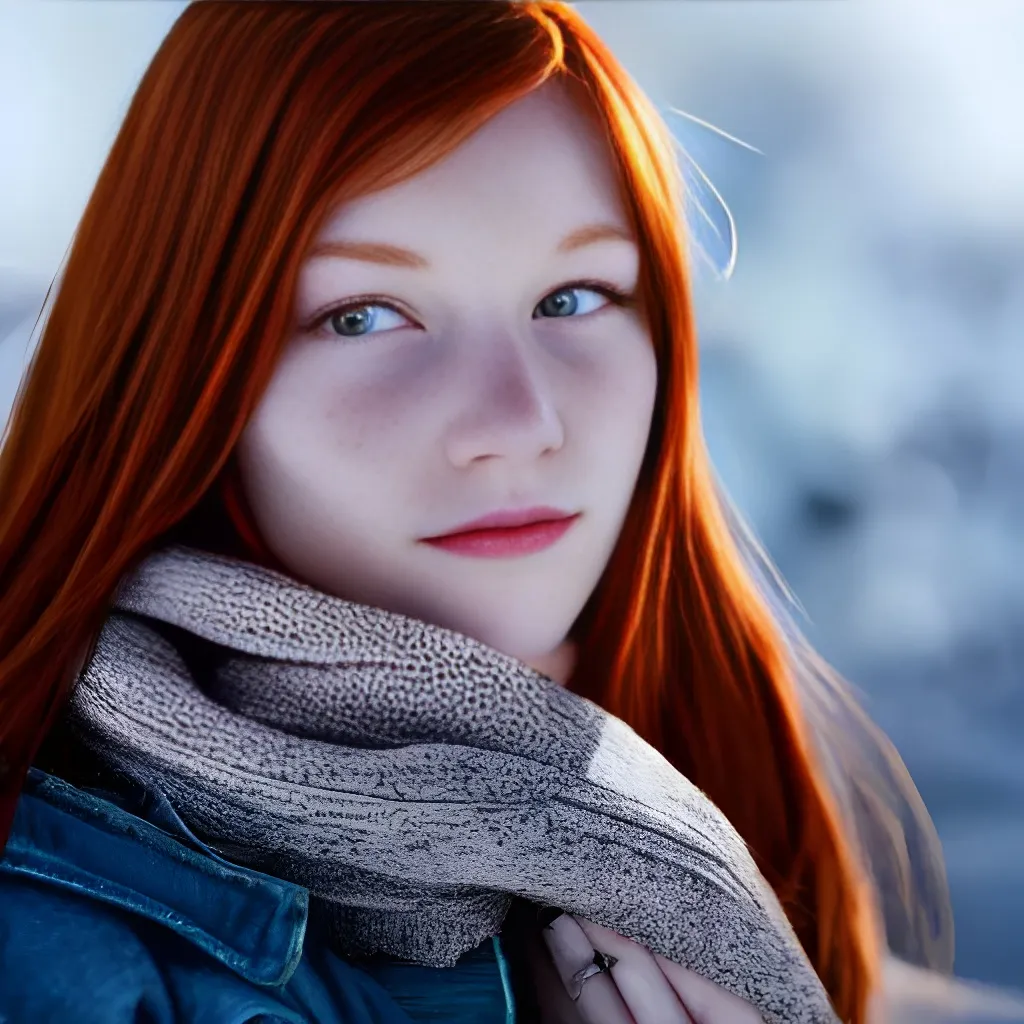 Prompt: Teen redhead girl, freckles,, sunlight, sunshine, snow, winter, realistic, detailed, HD