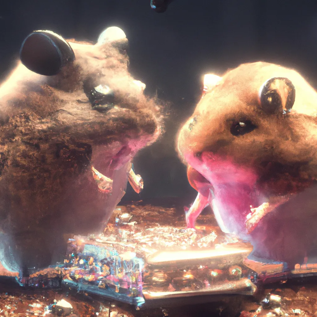 Prompt: A pair of cyberpunk hamsters fighting with each other, cyberpunk, redshift render, 4k ultra-detailed  | Giant Cosmic mushroom  | cute girl | in the style of Magritte  | use brown, black, gray, white soft muted colors | 3d render | octane lighting | dream fantasy | computer chip| IC chip | golden ratio | Disney Pixar Dreamworks 