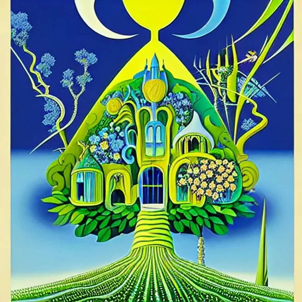 Prompt: House of the fulfillment, 
House of the togetherness, impressive surrealist painting by Tim Burton and Sho Murase and eyvind earle.  Architecture advertisements. Esthetic Neighborhoods. Floral explosion. Rich fauna. Organic biopunk. Dystopian wasteland.