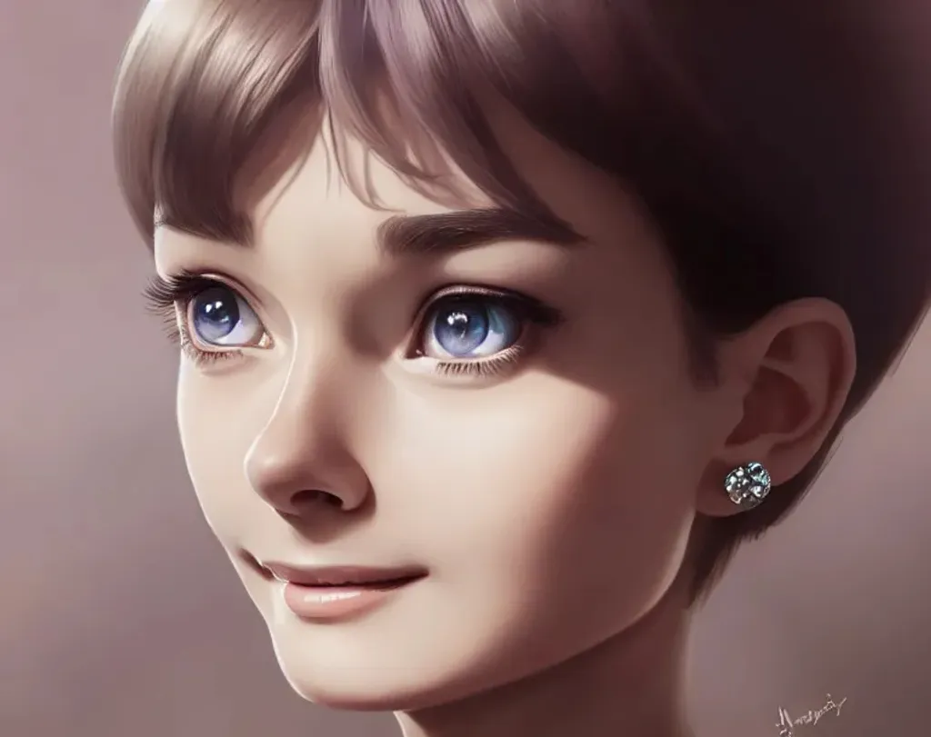 Prompt: Closeup face portrait of a smiling young Audrey Hepburn, smooth soft skin, big dreamy eyes, beautiful intricate colored hair, crystal-clear eyes, symmetrical, anime wide eyes, soft lighting, detailed face, by makoto shinkai, stanley artgerm lau, wlop, rossdraws, concept art, digital painting, looking into camera